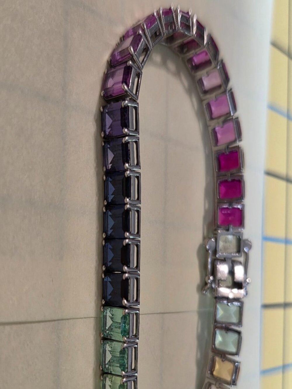 Golden Bird Jewels lab emerald cut rainbow tennis bracelet